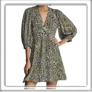 REISS Puff Sleeve Floral Mini A Line Dress V-Neck Blue Women’s Size 6 Short